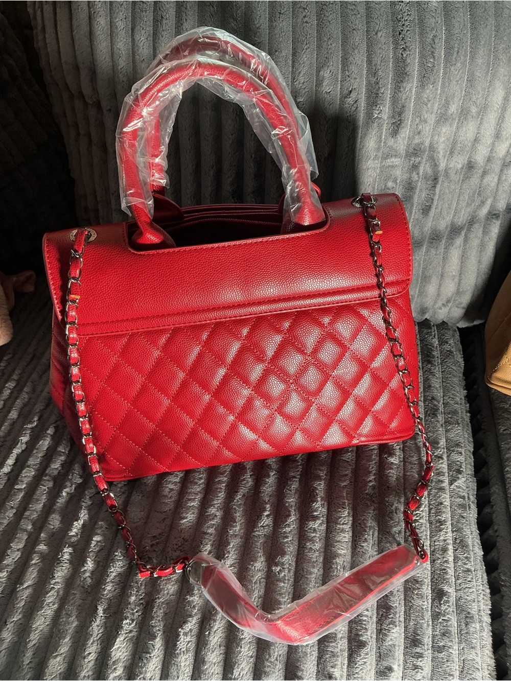 Quilted Red Satchel with Chain-Strap Top Handles